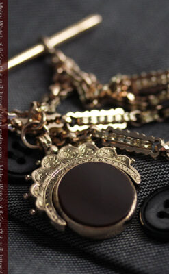 回転する石飾り付き 英国アンティーク金無垢懐中時計チェーン-C0520-17