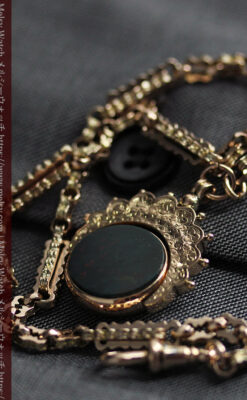 回転する石飾り付き 英国アンティーク金無垢懐中時計チェーン-C0520-18