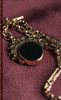 回転する石飾り付き 英国アンティーク金無垢懐中時計チェーン-C0520-6