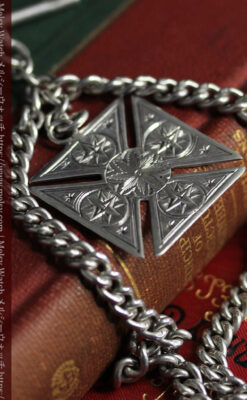 両面楽しめる大型の飾り付き 銀無垢アンティーク懐中時計チェーン-c0522-12