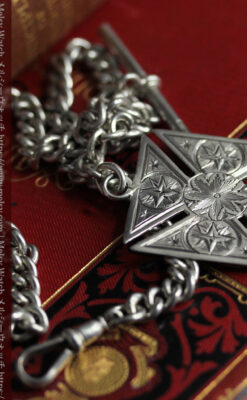 両面楽しめる大型の飾り付き 銀無垢アンティーク懐中時計チェーン-c0522-14