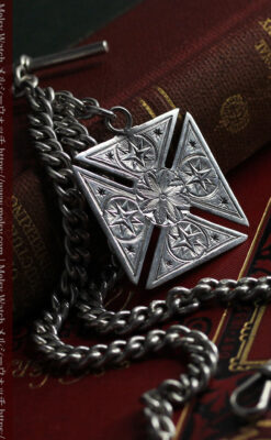 両面楽しめる大型の飾り付き 銀無垢アンティーク懐中時計チェーン-c0522-7