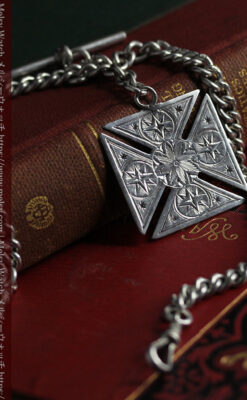 両面楽しめる大型の飾り付き 銀無垢アンティーク懐中時計チェーン-c0522-8