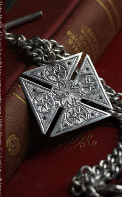 両面楽しめる大型の飾り付き 銀無垢アンティーク懐中時計チェーン-c0522-9