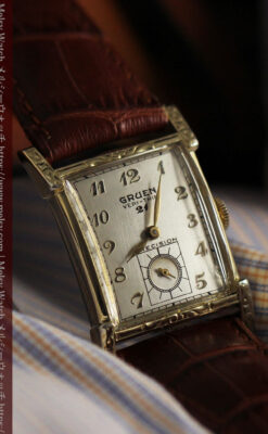 ケース表面に装飾を施したグリュエンのアンティーク腕時計 【1950年頃】-W1660-2