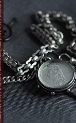 銀無垢アンティーク懐中時計チェーン 英国ビクトリア女王銀貨【1889年頃】-C0525-11