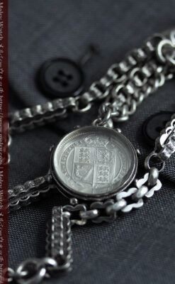 銀無垢アンティーク懐中時計チェーン 英国ビクトリア女王銀貨【1889年頃】-C0525-12
