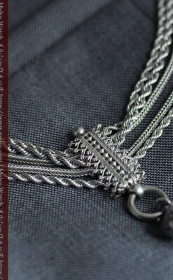 豪華で繊細さ際立つ5本線のアンティーク銀無垢懐中時計チェーン-C0526-13