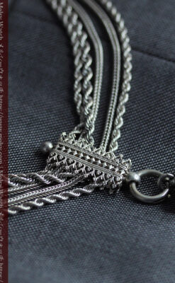 豪華で繊細さ際立つ5本線のアンティーク銀無垢懐中時計チェーン-C0526-14