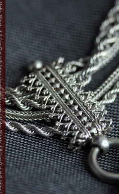 豪華で繊細さ際立つ5本線のアンティーク銀無垢懐中時計チェーン-C0526-15