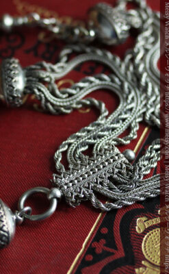 豪華で繊細さ際立つ5本線のアンティーク銀無垢懐中時計チェーン-C0526-9