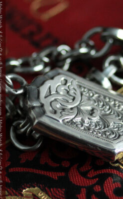 銀の盾形飾りと両側に広がる重厚な存在感ある二股の懐中時計チェーン-C0527-11