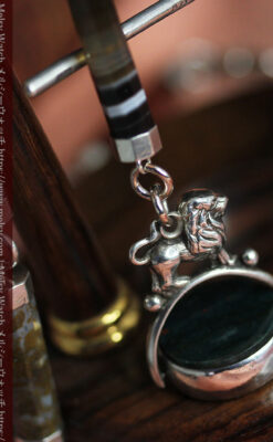 色と模様の美しい瑪瑙と獅子の飾り 銀無垢アンティーク懐中時計チェーン-C0529-10