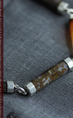 色と模様の美しい瑪瑙と獅子の飾り 銀無垢アンティーク懐中時計チェーン-C0529-12