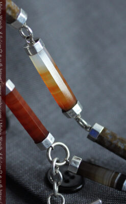 色と模様の美しい瑪瑙と獅子の飾り 銀無垢アンティーク懐中時計チェーン-C0529-14