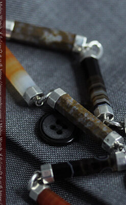 色と模様の美しい瑪瑙と獅子の飾り 銀無垢アンティーク懐中時計チェーン-C0529-15