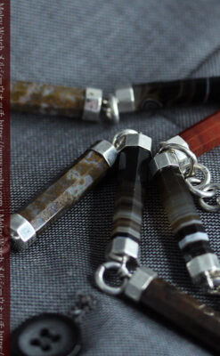 色と模様の美しい瑪瑙と獅子の飾り 銀無垢アンティーク懐中時計チェーン-C0529-16