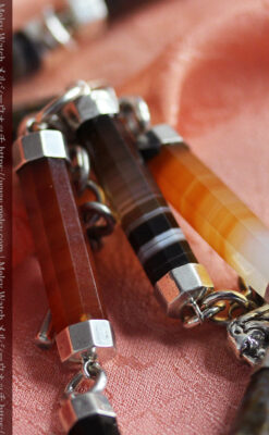 色と模様の美しい瑪瑙と獅子の飾り 銀無垢アンティーク懐中時計チェーン-C0529-3