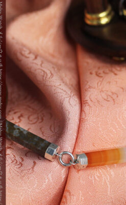 色と模様の美しい瑪瑙と獅子の飾り 銀無垢アンティーク懐中時計チェーン-C0529-4