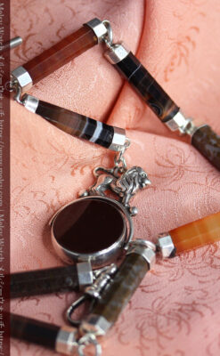 色と模様の美しい瑪瑙と獅子の飾り 銀無垢アンティーク懐中時計チェーン-C0529-5