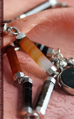 色と模様の美しい瑪瑙と獅子の飾り 銀無垢アンティーク懐中時計チェーン-C0529-6