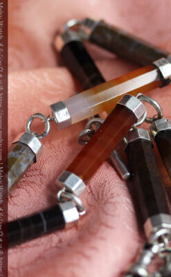 色と模様の美しい瑪瑙と獅子の飾り 銀無垢アンティーク懐中時計チェーン-C0529-7