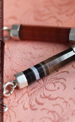 色と模様の美しい瑪瑙と獅子の飾り 銀無垢アンティーク懐中時計チェーン-C0529-8