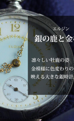 牡鹿の大型銀時計 淡いターコイズ色と金模様 エルジンのアンティーク懐中時計-P2397-0
