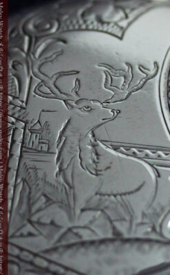 牡鹿の大型銀時計 淡いターコイズ色と金模様 エルジンのアンティーク懐中時計-P2397-10