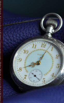 牡鹿の大型銀時計 淡いターコイズ色と金模様 エルジンのアンティーク懐中時計-P2397-12