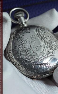 牡鹿の大型銀時計 淡いターコイズ色と金模様 エルジンのアンティーク懐中時計-P2397-17