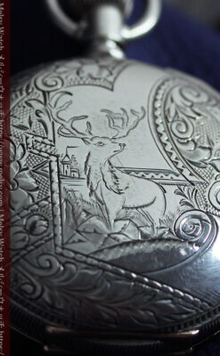 牡鹿の大型銀時計 淡いターコイズ色と金模様 エルジンのアンティーク懐中時計-P2397-4