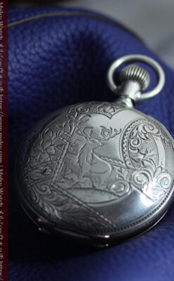 牡鹿の大型銀時計 淡いターコイズ色と金模様 エルジンのアンティーク懐中時計-P2397-5