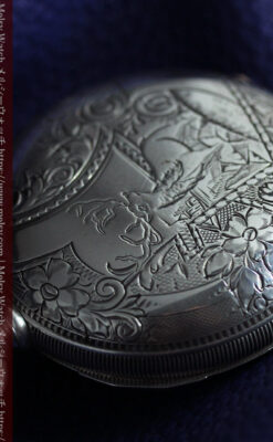 牡鹿の大型銀時計 淡いターコイズ色と金模様 エルジンのアンティーク懐中時計-P2397-6