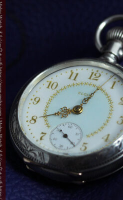 牡鹿の大型銀時計 淡いターコイズ色と金模様 エルジンのアンティーク懐中時計-P2397-7