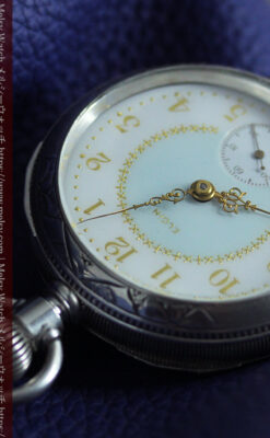 牡鹿の大型銀時計 淡いターコイズ色と金模様 エルジンのアンティーク懐中時計-P2397-8