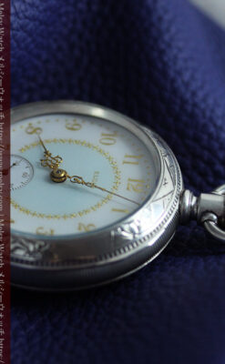 牡鹿の大型銀時計 淡いターコイズ色と金模様 エルジンのアンティーク懐中時計-P2397-9