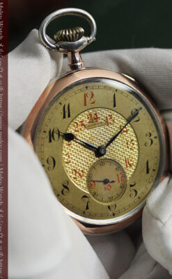 金色文字盤にローズ色 オメガの銀無垢アンティーク懐中時計 【1915年頃】-P2398-15