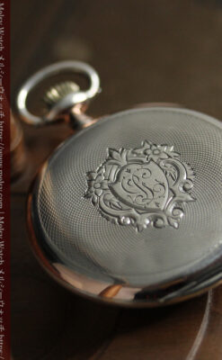 金色文字盤にローズ色 オメガの銀無垢アンティーク懐中時計 【1915年頃】-P2398-6