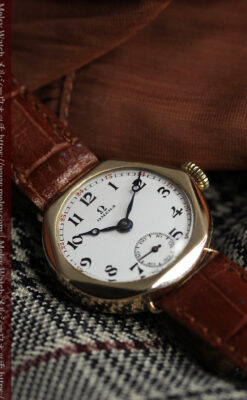 多面六角形の金無垢オメガ 見せたくなるアンティーク腕時計 【1928年頃】-W1662-3