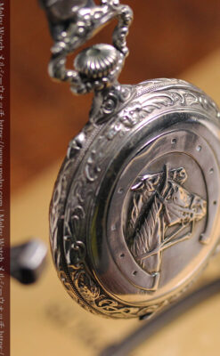 蹄鉄型の銀スタンド、馬と蹄鉄ロンジンの懐中時計のセット 【1900年頃】-P2399-10