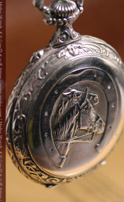 蹄鉄型の銀スタンド、馬と蹄鉄ロンジンの懐中時計のセット 【1900年頃】-P2399-11