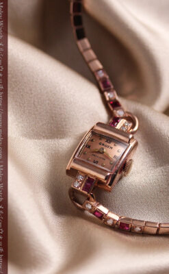 艶やかなローズ色 総金無垢グリュエンの女性用アンティーク腕時計 ダイヤ&ルビー 【1940年頃】-W1665-10