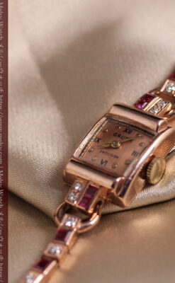 艶やかなローズ色 総金無垢グリュエンの女性用アンティーク腕時計 ダイヤ&ルビー 【1940年頃】-W1665-11