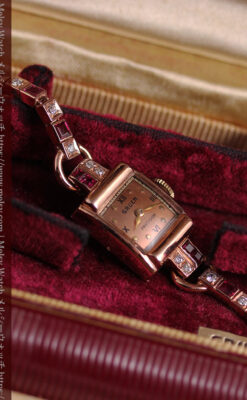 艶やかなローズ色 総金無垢グリュエンの女性用アンティーク腕時計 ダイヤ&ルビー 【1940年頃】-W1665-17