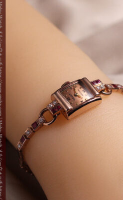 艶やかなローズ色 総金無垢グリュエンの女性用アンティーク腕時計 ダイヤ&ルビー 【1940年頃】-W1665-22