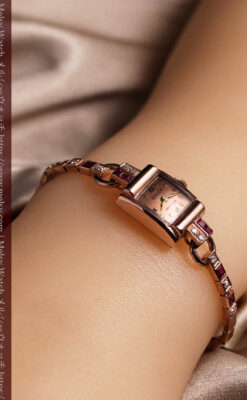 艶やかなローズ色 総金無垢グリュエンの女性用アンティーク腕時計 ダイヤ&ルビー 【1940年頃】-W1665-23