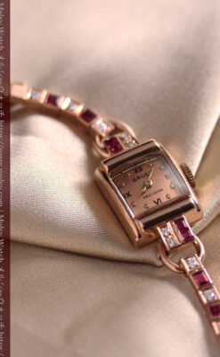 艶やかなローズ色 総金無垢グリュエンの女性用アンティーク腕時計 ダイヤ&ルビー 【1940年頃】-W1665-3