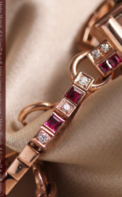 艶やかなローズ色 総金無垢グリュエンの女性用アンティーク腕時計 ダイヤ&ルビー 【1940年頃】-W1665-4