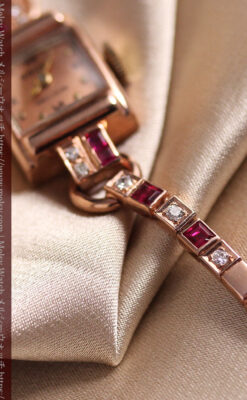艶やかなローズ色 総金無垢グリュエンの女性用アンティーク腕時計 ダイヤ&ルビー 【1940年頃】-W1665-5